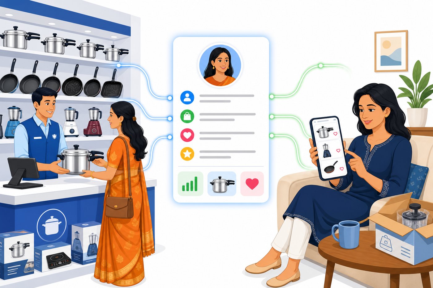 Illustration: a jewellery showroom counter and a customer shopping on her phone, both linked into one customer profile card.